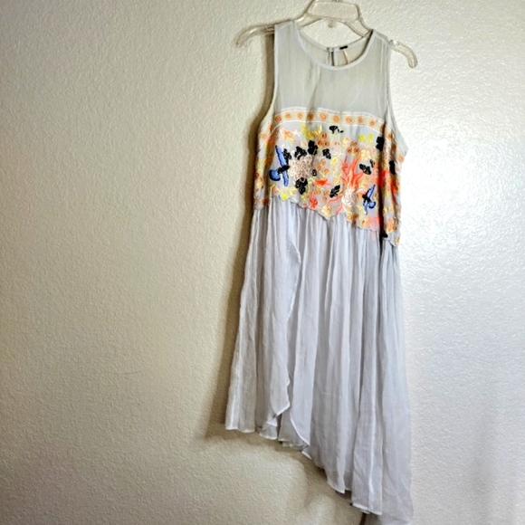 Free People Embellished Blue Bird Sheer High Neck Tunic Top Sz 2 - Picture 1 of 9